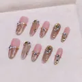 Uñas postizas de lujo francesas oro champán ojo de gato con pedrería y perlas - XS / Óvalo Largo (F50)