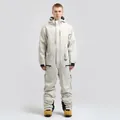 Men's one-piece ski suit in off-white, waterproof windproof shell with black zippers - S / Off White