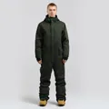 Forest green one-piece ski suit featuring waterproof fabric and utility pockets for men - S / Army Green