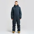Men's dark blue one-piece ski suit with hood and waterproof windproof cargo design - Navy Blue