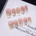 Handmade gradient nude press-on nails with champagne glitter and 3D floral accents - XS / Middle Oval (Flower Mist)