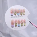 Macro shot of French macaron gradient press-on nails with 3D water droplets and floral art - XS / Girls' Diary Long Coffin (F55)
