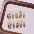 Handgefertigte Drachenschuppen-Nägel zum Aufkleben mit Champagner-Glitzer und Diamanten - XS / Drachenschuppen-Stil - Mittleres Coffin