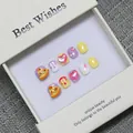 Handgefertigte süße Cartoon-Kunstnägel für Kinder mit Pizza und Herz-3D-Charms in Box - S / Lila und Gelb Kontrast