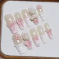 Uñas postizas artesanales rosa y blanco con ositos 3D y perlas para mujer - XS