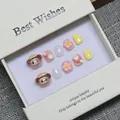 Faux ongles 3D faits main pour enfants avec singes et fleurs, ensemble de 10 pièces - S / Style Singe Dessin Animé Rose Jaune Blanc
