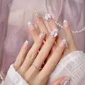 Handmade French press-on nails with white bows, pearls, and silver glitter finish - XS / Purple Bow French Style