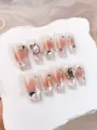 Faux ongles faits main rose œil de chat avec strass de luxe en forme cercueil moyen - XS / Style Cercueil Moyen Square Sugar Party