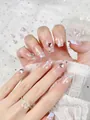 Detail of handmade press-on nails featuring 3D silver hearts and floral hand-painted designs - XS / Sweetheart Style (236)