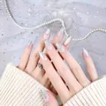 Luxury pearl mermaid hand-painted press-on nails with 3D silver lines and rhinestones - XS / Aurora Iridescent White