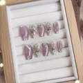 Handmade lavender cat eye press-on nails with silver texture and rhinestones - XS / Light Purple Cat Eye (C28)
