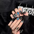 Handmade gothic press-on nails with green cat eye effect and silver 3D metal snake charms - XS / Deep Sea Pupil (C27)