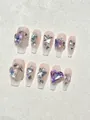 Detailed macro view of long trapezoidal press-on nails with purple 3D butterfly rhinestones - XS / Lilac Purple