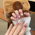 Uñas postizas artesanales con osos 3D y patrones de cuadros en forma cuadrada larga - XS