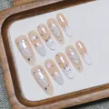 Long almond handmade press-on nails with French tip, silver stars, bows and rhinestones - XS
