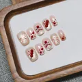 New Year press-on nails set with festive red cat eye design and 3D lion dance patterns - XS / Pink Lion Heart New Short Square