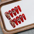 Unghie finte fatte a mano rosso cat eye con dragone dorato e strass forma ballerina - XS