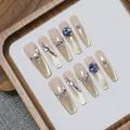 Faux ongles faits main œil de chat de luxe avec cristaux bleus et forme ballerine - Île du Coucher du Soleil / XS