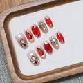 Uñas postizas artesanales ojo de gato rojo con mariposas 3D de metal y cristales - XS / Fu Lu León Corto Ovalado (E36)