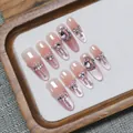 Unghie finte fatte a mano rosa cat-eye con strass scintillanti e fiocchi di perle - XS / Corona da Principessa - Sfumatura Rosa Occhio di Gatto (C120)