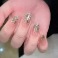 Champagne rabbit style press-on nails with golden foil, heart gems and mini pearls - XS / Champagne Bunny Short Coffin Style (062)