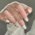 French tip coffin press-on nails with white pearls and 3D silver heart charms - XS / Heart Puff Coffin Shape (064)