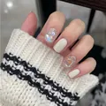 Short square press-on nails in creamy white with sparkling aurora diamonds and rhinestones - S Small / Milky White Aurora Diamond
