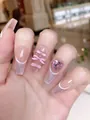 Pink ballet press-on nails with 3D crystal hearts and silver glitter bows - XS / Barbie Pink