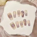 Uñas postizas artesanales lavanda ojo de gato con dijes de mariposa y perlas - XS / Ataúd Corto Romero (X11)