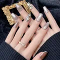 Luxurious long coffin champagne gold glitter press-on nails with teardrop crystals - XS / Begonia Pink