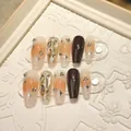 Handmade cherry long coffin press-on nails with luxury rhinestones and gold glitter - XS / Caramel Pudding Mid Coffin