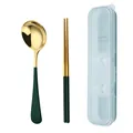 Tragbares 304 Edelstahl Besteckset in Gold und Dunkelgrün mit Löffel, Stäbchen und Etui - Armeegrün Gold