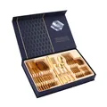 Golden 24-piece stainless steel cutlery set with mirror polish in a blue luxury gift box - Gold