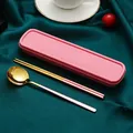 Tragbares Besteckset aus 304 Edelstahl in Rosa und Gold mit Aufbewahrungsbox im Korea-Stil - Rosa Gold Löffel Essstäbchen