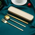 Goldenes 304 Edelstahl Besteckset mit cremefarbener Aufbewahrungsbox und Essstäbchen - Gold Löffel Gabel Essstäbchen