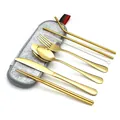 7-piece gold stainless steel travel cutlery set with gray felt storage pouch - Gold-Light Gray Bag