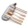 8-piece rose gold stainless steel travel cutlery set with gray felt storage pouch - Rose Gold-Light Gray Bag