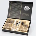24-piece stainless steel cutlery set in a premium black gift box with gold finish details - Natural Steel (Knife Fork Spoon Tea Spoon)