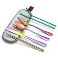 Rainbow 7-piece stainless steel cutlery set with a grey felt travel storage bag - Iridescent-Light Gray Bag