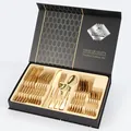 24-piece luxury gold stainless steel cutlery set with mirror finish in a black gift box - Gold (Knife Fork Spoon Tea Spoon)