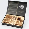 24-piece rose gold stainless steel cutlery set with mirror finish in a black gift box - Rose Gold (Knife Fork Spoon Tea Spoon)