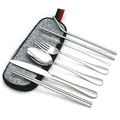 8-piece portable stainless steel cutlery set with a grey felt zipper carry pouch - Silver-Dark Gray Bag
