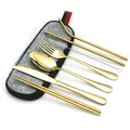8-piece golden stainless steel travel cutlery set with a grey felt zipper carry pouch - Gold-Dark Gray Bag