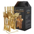 Ménagère 24 pièces en acier inoxydable doré avec support et coffret cadeau noir - Style Or Avec Support (1010) / Or