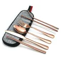 Rose gold 8-piece stainless steel portable cutlery set with gray felt storage pouch - Rose Gold-Dark Gray Bag