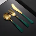 Set de couverts 3 pièces moderne en acier inoxydable doré et vert foncé avec couteau - Set Couverts Vert Or