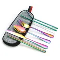 7-piece iridescent rainbow stainless steel travel cutlery set with gray felt pouch - Iridescent-Dark Gray Bag
