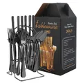 Ménagère 24 pièces en acier inoxydable noir avec support de rangement métallique assorti - Style Noir Avec Support (1010) / Noir