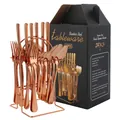 Ménagère 24 pièces en acier inoxydable or rose avec support et boîte cadeau noire - Or rose