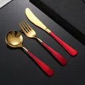 Set de couverts 3 pièces en acier inox 304 avec manches rouges et finition dorée - Set Couverts Rouge Or